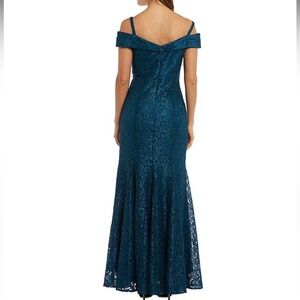 Rose Marie Reid Off-The-Shoulder Floral Lace Mermaid Dress Peacock Blue 14